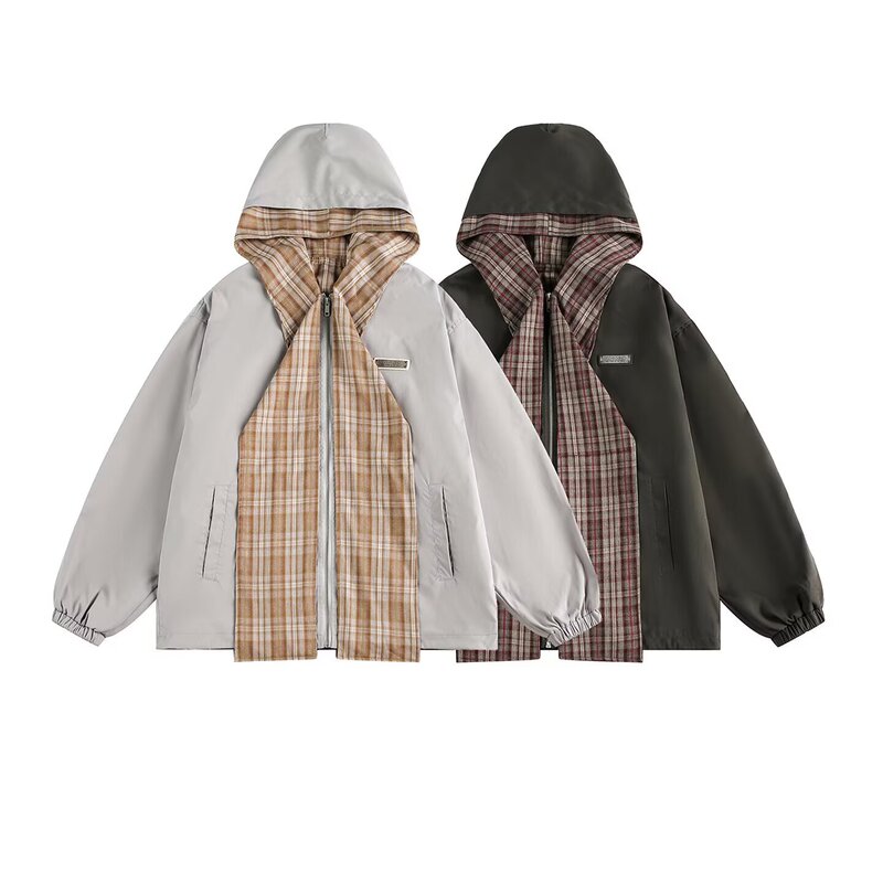 Fake Two-Piece Plaid Splicing Scarf Hooded Jacket for Men and Women in Autumn Lazy Style Mountain Style Couple Windbreaker Jacket