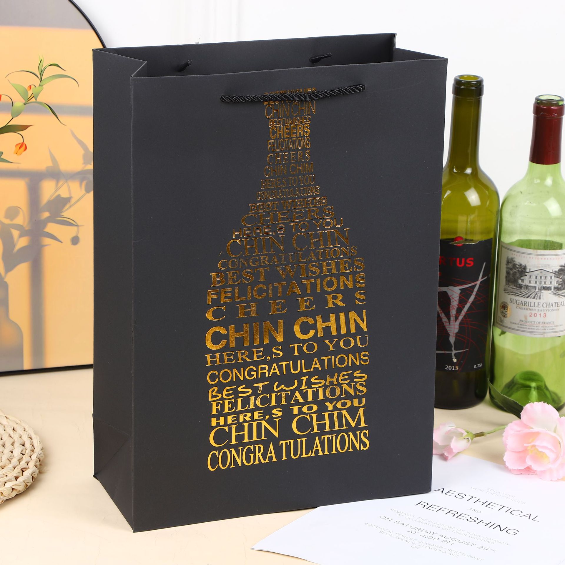 批发商务加厚简约黑卡红酒袋 手提包装纸质袋子双支装葡萄酒袋