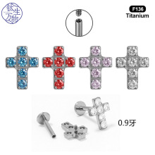 十字架镶钻耳骨钉手工穿刺替换饰品头内螺纹植入级F136钛合金耳钉