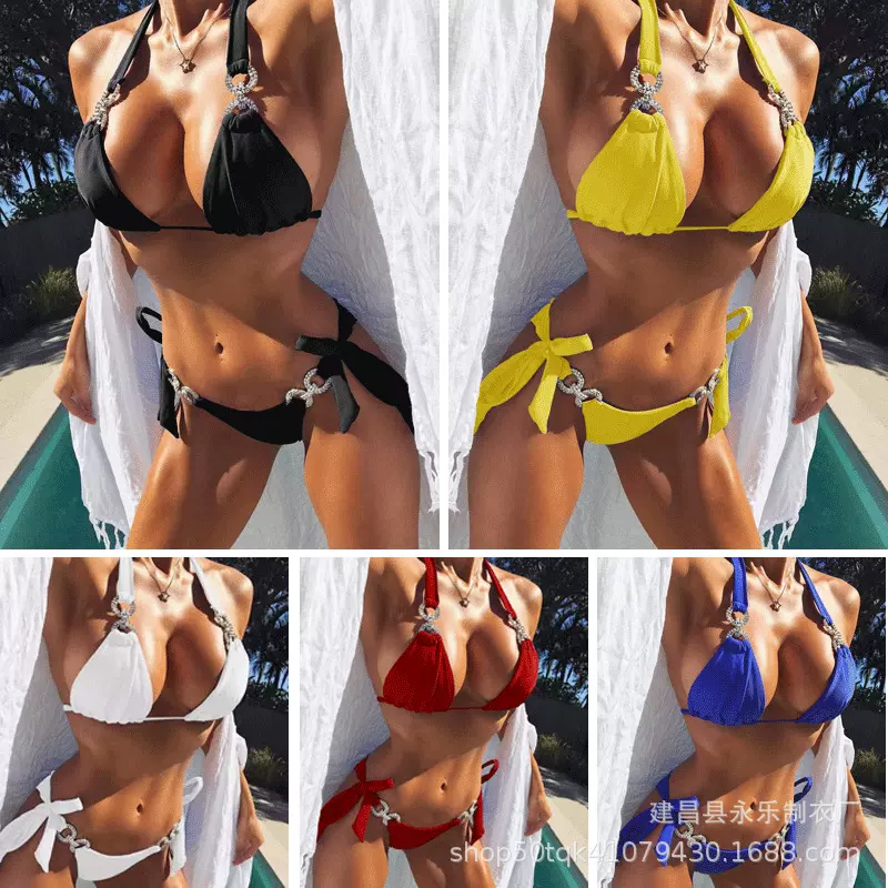 2022多色比基尼性感聚拢跨境游泳衣低腰挂脖分体游泳衣系绳bikini