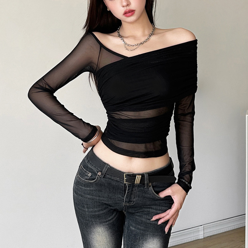2023 New Autum Cross-border European and American Style Sexy Sexy Stylish Niche Street Slimming Look Mesh Long Sleeves