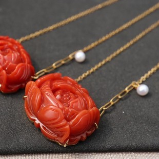 Fubei Diamond Jewelry 18K Gold Inlaid with Tiles Southwest Red Peony Clavicle Chain Bare Stone 17*22mm Full Flesh Persimmon Red