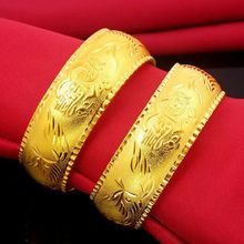 铜镀金喜事结婚婚庆喜结良缘龙凤手镯宽版手镯 婚庆仿黄金手镯女