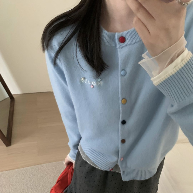 之言25秋冬女装羊毛衫韩系时尚圆领彩色纽扣100羊毛针织开衫毛衣|undefined