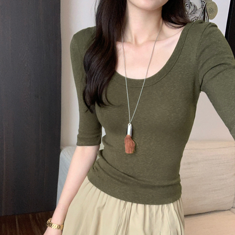 Casual Pure Color Three-Quarter Sleeve U-Neck T-Shirt for Women 2025 Summer Elegant Slimming Look Soft Waxy Waist Tight Top for Women