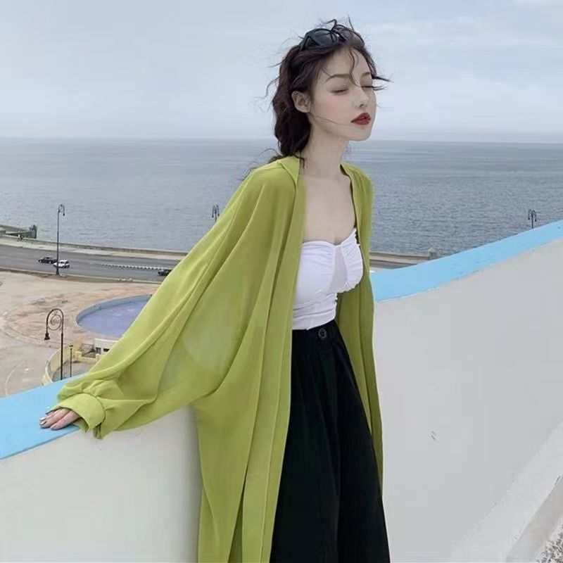 Korean Style Ice Silk Chiffon Sun Protection Shirt, New Summer Model from Korea, Mid-Length Top, Thin Cardigan for Women