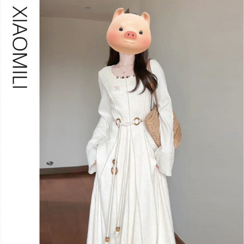 French Style Square Collar Long-sleeved dress Women's Spring and Autumn Waist Trumpet Long-sleeved Texture Long Dress Ethnic-style Fairy Dress