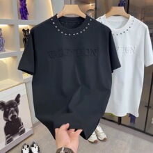新款潮痞铆钉钢印宽松圆领短袖T恤男士春季时尚百搭休闲品质潮衣