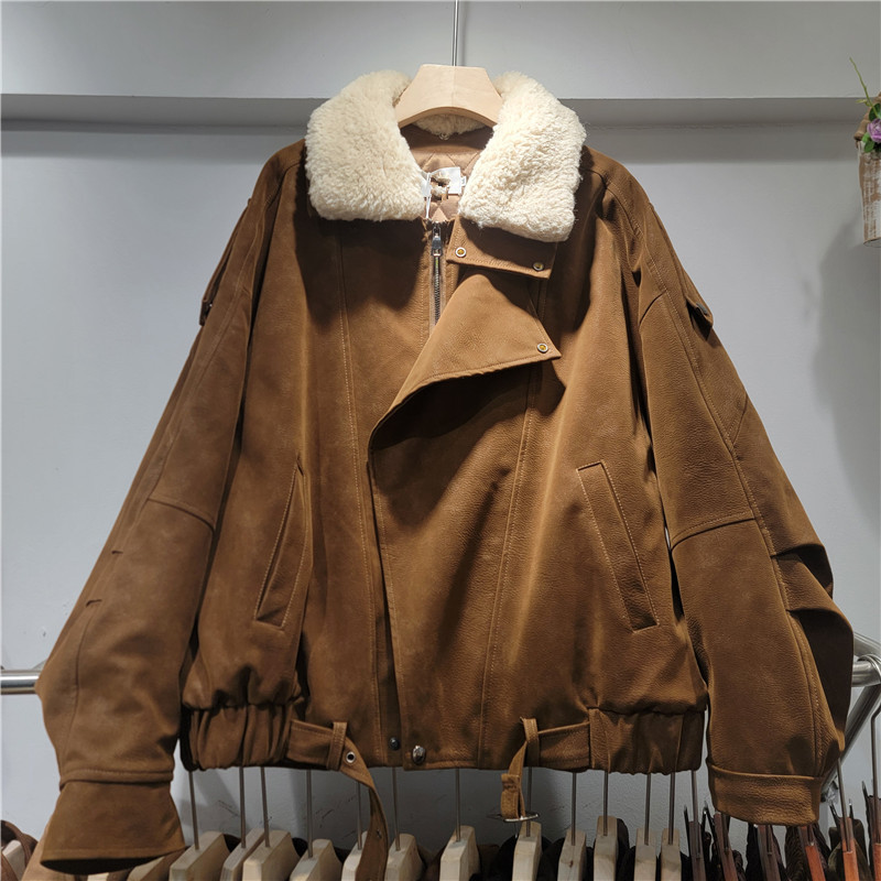 2025冬季新款美式复古宽松PU皮加厚外套女设计感机车服夹克上衣|undefined