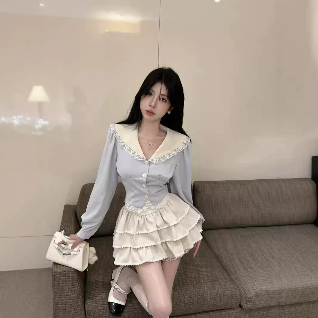 Осенний новый маленький человек минус возраст мода иностранная кукольный воротник рубашка торт юбка колледжа стиль набор из двух частей женский