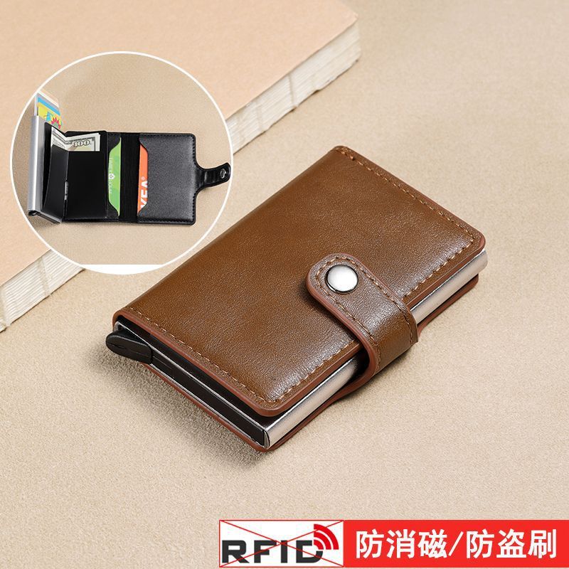 2024 nuevo cepillo antirrobo RFID titular de la tarjeta de cuero de aluminio automático pop-up titular de la tarjeta billetera de dos en uno de almacenamiento
