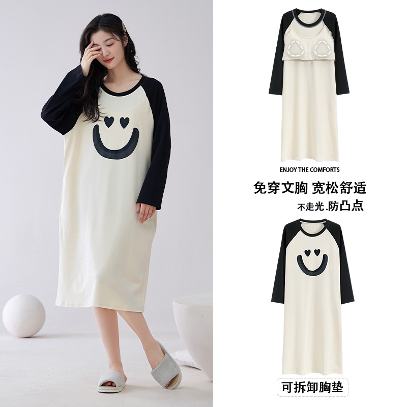 [Customized] pijama con cojín de pecho de primavera y otoño de algodón vestido de mangas largas de fresas dulce vestido de algodón vestido para el hogar