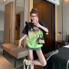 高级感渐变色宽松短袖T恤女盐系爱心涂鸦中长款减龄显瘦洋气上衣