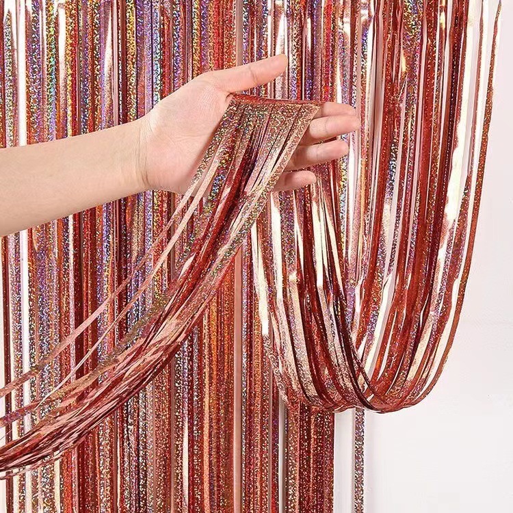 Cortina de seda láser al por mayor colorida decoración de luz brillante fiesta día de los niños casa de boda cumpleaños decoración de cortina de puerta