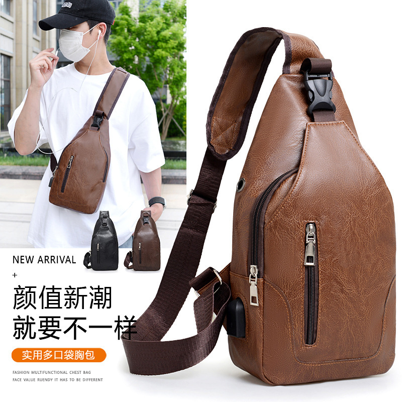 Cross-Border Leather Sling Bag Men's Crossbody Bag Chest Bag Men's Shoulder Bag with USB Charging Port for Outdoor Business Trips Cross-Border Leather Sling Bag Men's Crossbody Bag Chest Bag Men's Shoulder Bag with USB Charging Port for Outdoor Business Trips