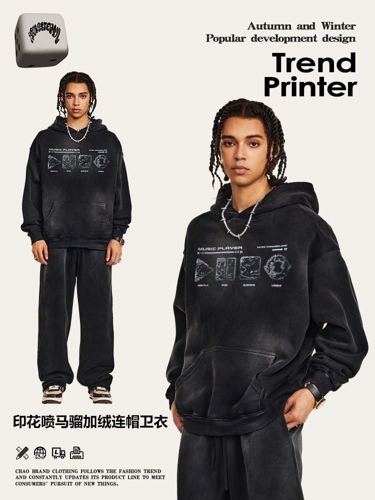 2025 otoño estilo americano marca de moda retro impresión lunar chaqueta encapuchada chaqueta de moda hiphop hombre