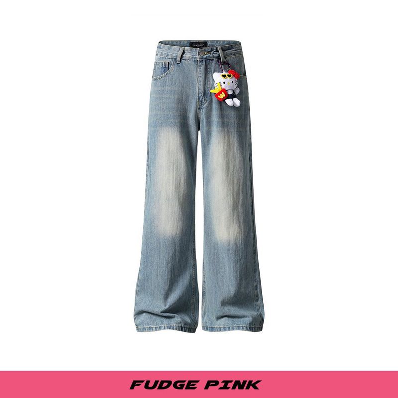 Fudge Pink 2025秋季New甜美少女公仔装饰宽松水洗牛仔长裤|undefined