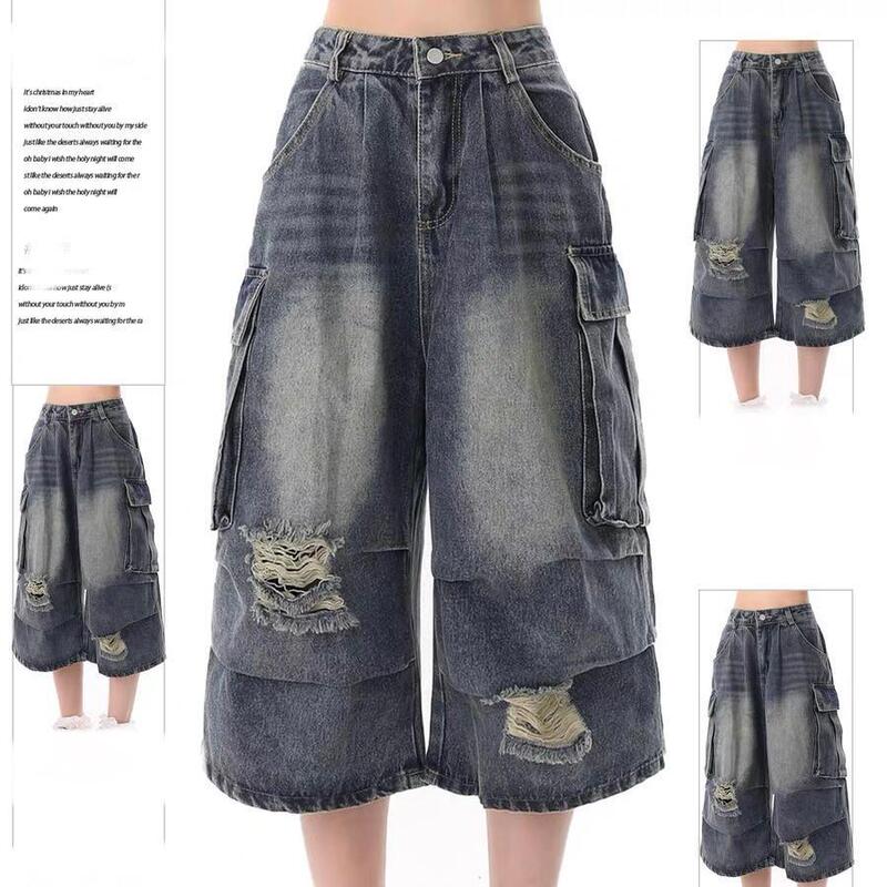 American-Style Ripped Workwear Cropped Jeans for Men and Women, New Summer Style, Casual Wide-Leg Straight Street Shorts, Trendy