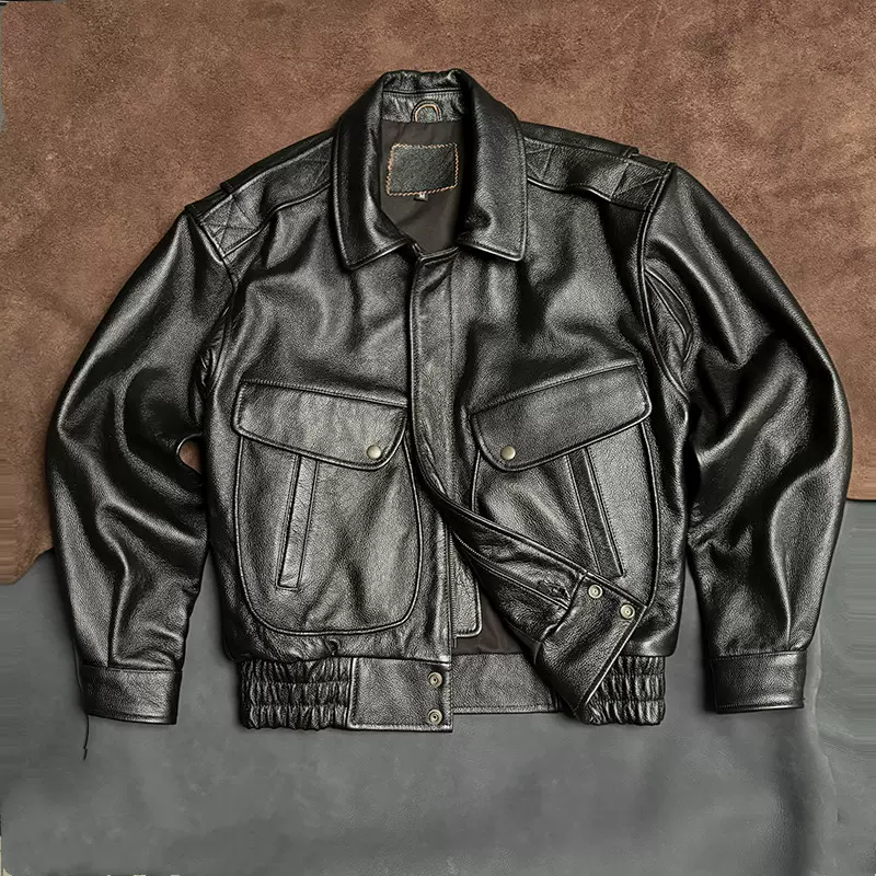 复古大码翻领男士飞行服阿美咔叽头层牛皮真皮皮衣机车服秋冬外套