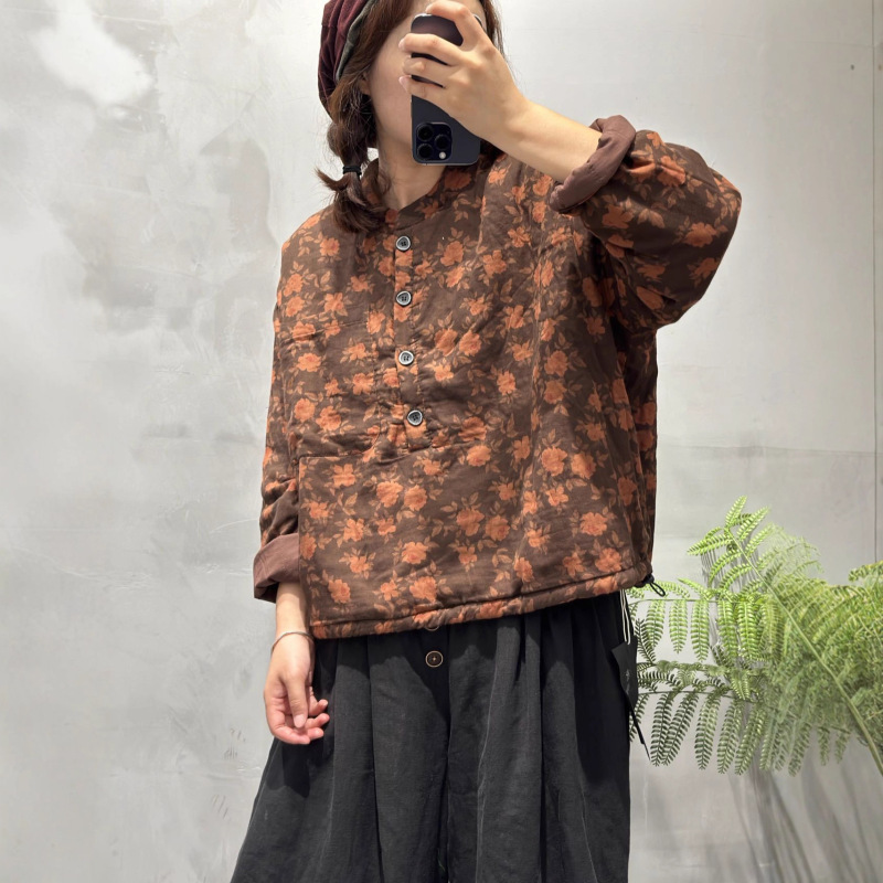 新款复古文艺宽松立领下摆抽绳保暖棉服印花棉衣女|undefined