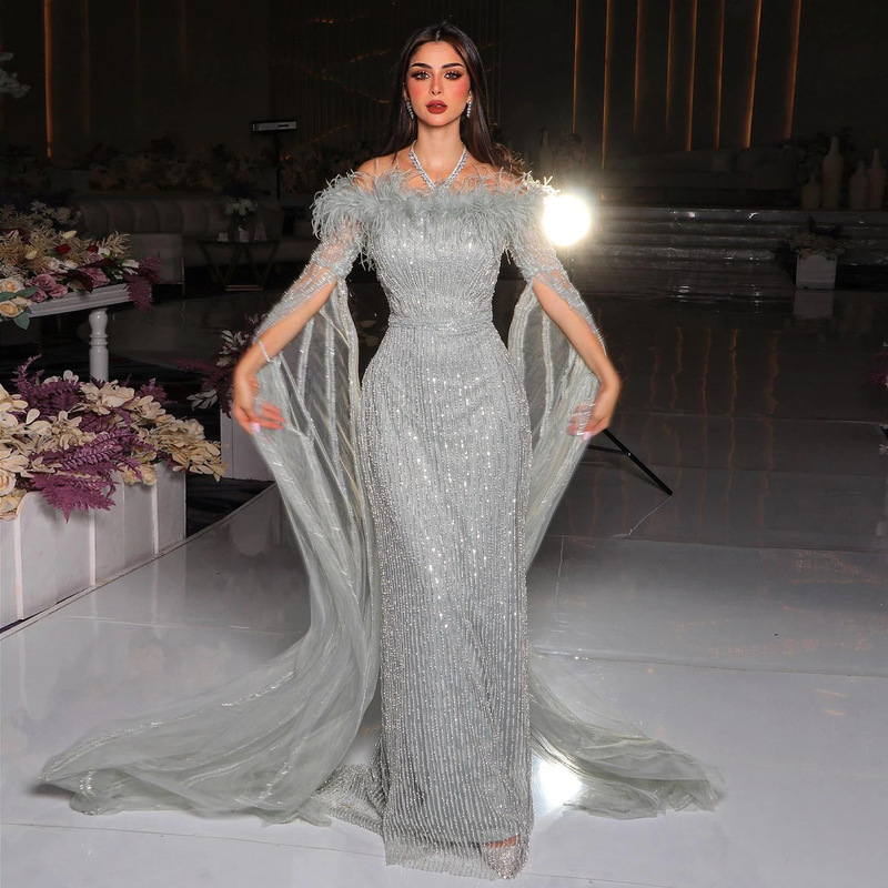 Dubai Formal Attire Feather Mermaid Evening Dress with Shawl Sleeves Wedding Party Heavy Dress