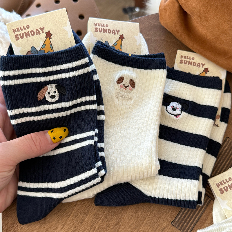 Cartoon puppy double-needle socks for women, autumn and winter pure cotton mid-calf socks, Korean-style trendy college-style striped slouch socks