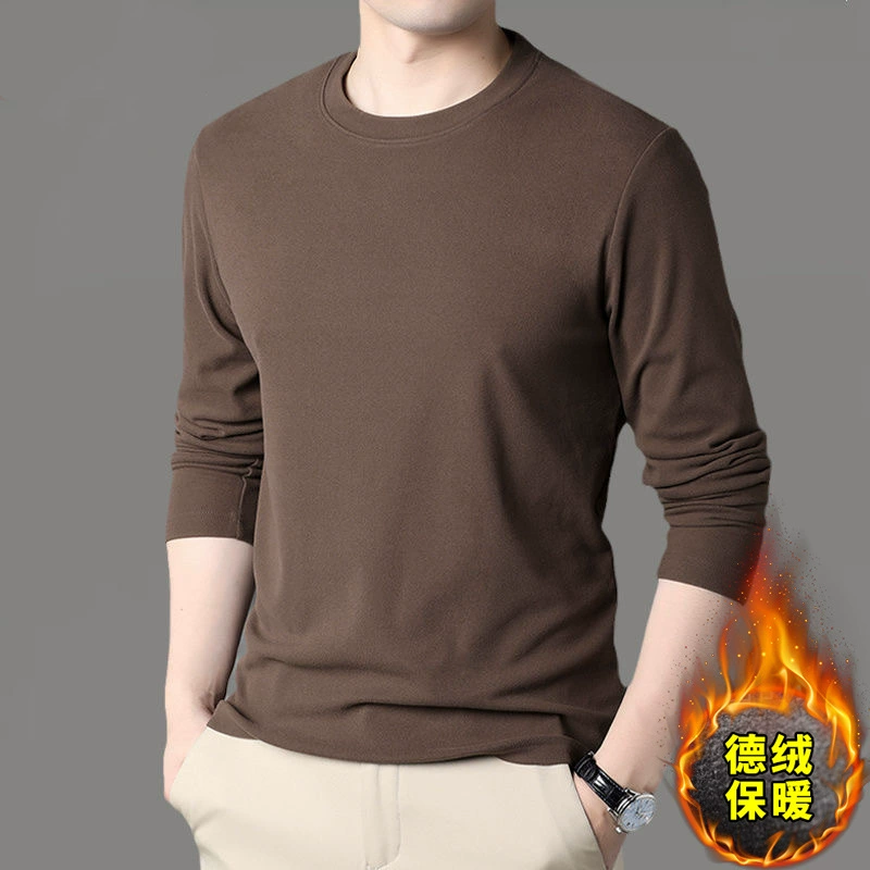 Мужская термофлисовая футболка с круглым вырезом, бесшовная, однотонная, теплая, с длинным рукавом, на осень-зиму 2025 года
