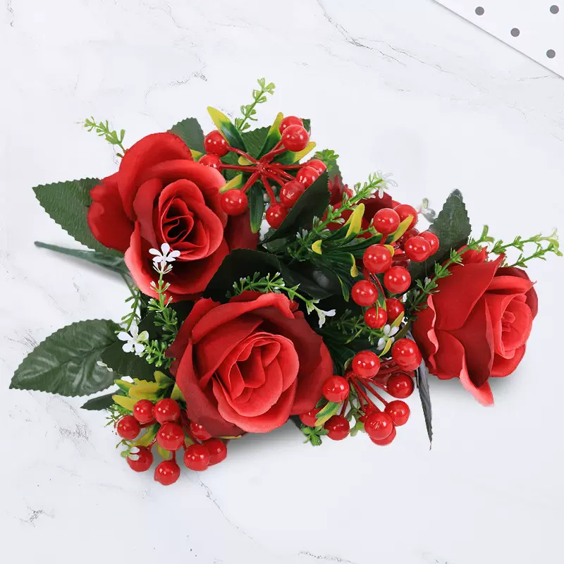 10头大玫瑰花束仿真发财果绢花餐桌客厅装饰摆件婚庆道具摆放花艺