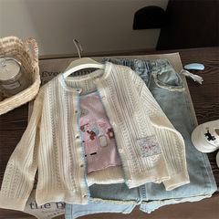 韓版童裝2024新款春季女童針織毛衣開衫兒童洋氣吊帶衫牛仔褲套裝