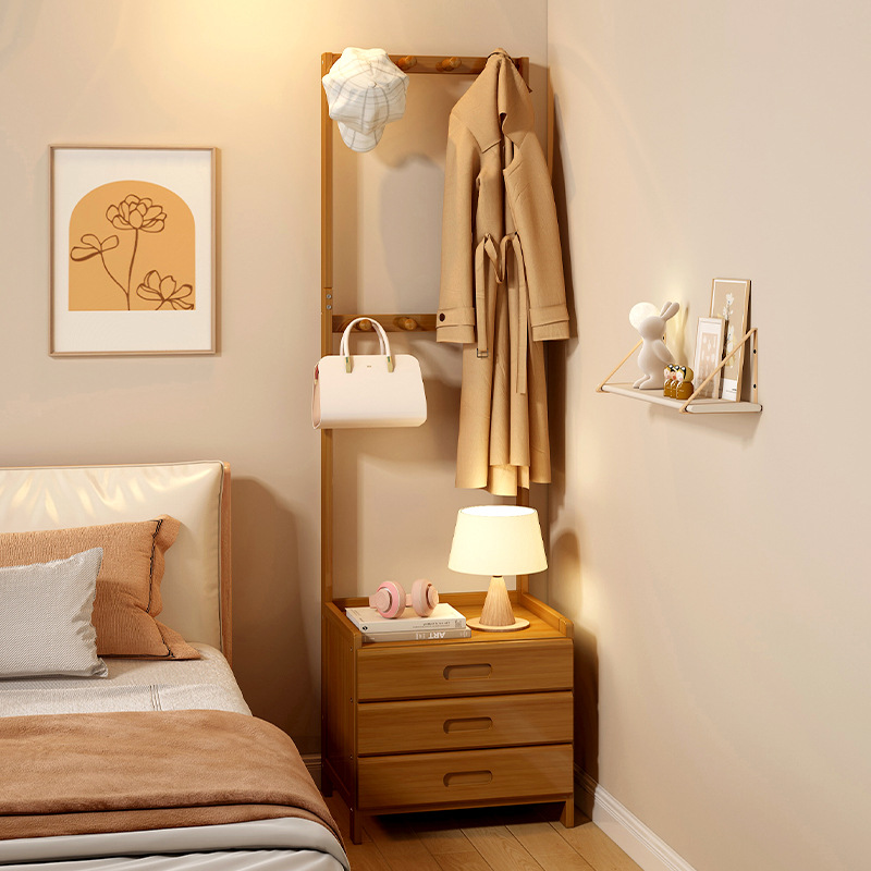 Simple Bedside Table Clothes Hanger Integrated Home Bedroom Storage Rack Rental House Floor-Standing Coat Rack with Drawer