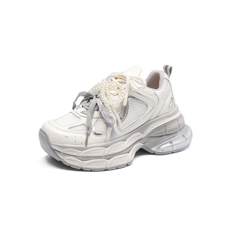 Giày sneaker nữ chunky đế dày 7,8cm mặt lưới thoáng khí dây ngọc trai — KD29E Màu be