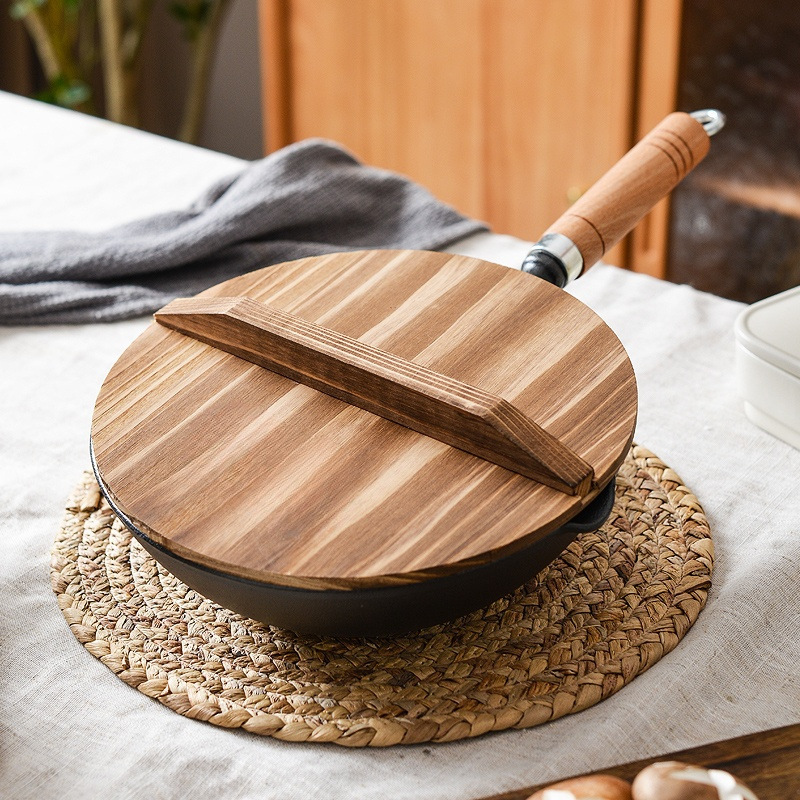 Small Happiness Cast Iron Wooden Handle Deep Round Bottom Small Wok Cooking Pan Household Multifunctional Uncoated Non-Stick Pan Gold Small