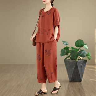 Real Shot of Mom's Fashionable Summer Clothes, Cotton and Linen Breathable Mom's Suit, Short-Sleeved Grandma's Suit, Mid-Sleeve Clothes, Large Size Suit