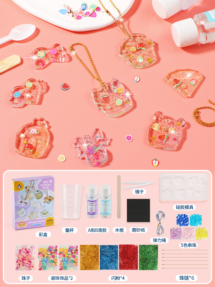 Accesorios de epoxi de cristal de bricolaje hechos a mano para niños, paquete de material, pintura de pegamento sin hornear, mochila, accesorios colgantes, juguetes de juego