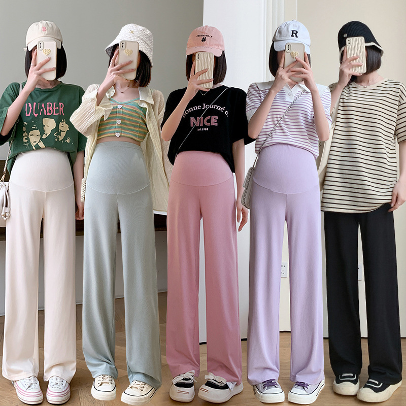 Maternity Pants 2026 Summer Elastic Non-Fading Maternity Wide-Leg Pants Summer Loose Casual Pants Slimming Vertical Stripe Pants for Outdoor Wear
