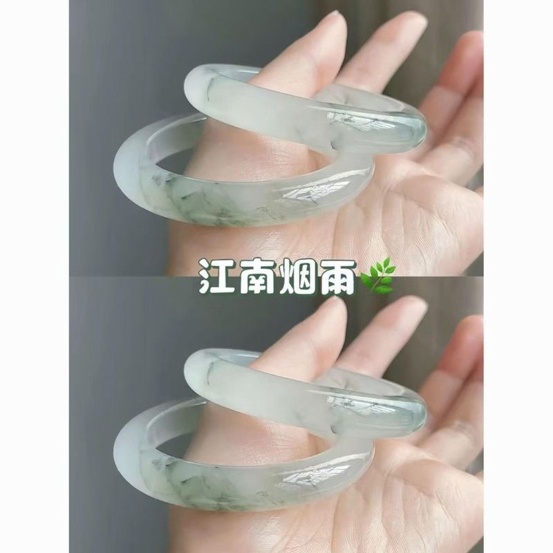 天然新疆天山翡翠ブレスレット雪翡翠氷もち種半山水染め花薄い丸棒翡翠ブレスレット女性用|undefined