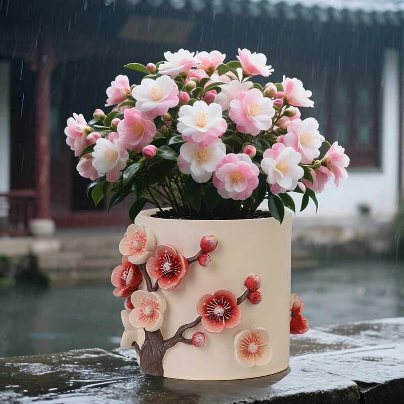 Overseas Hot ChinaFourGentlemen Three-dimensional Pattern Plum Blossom Decorative Thickened Large Diameter Resin Flower Pot