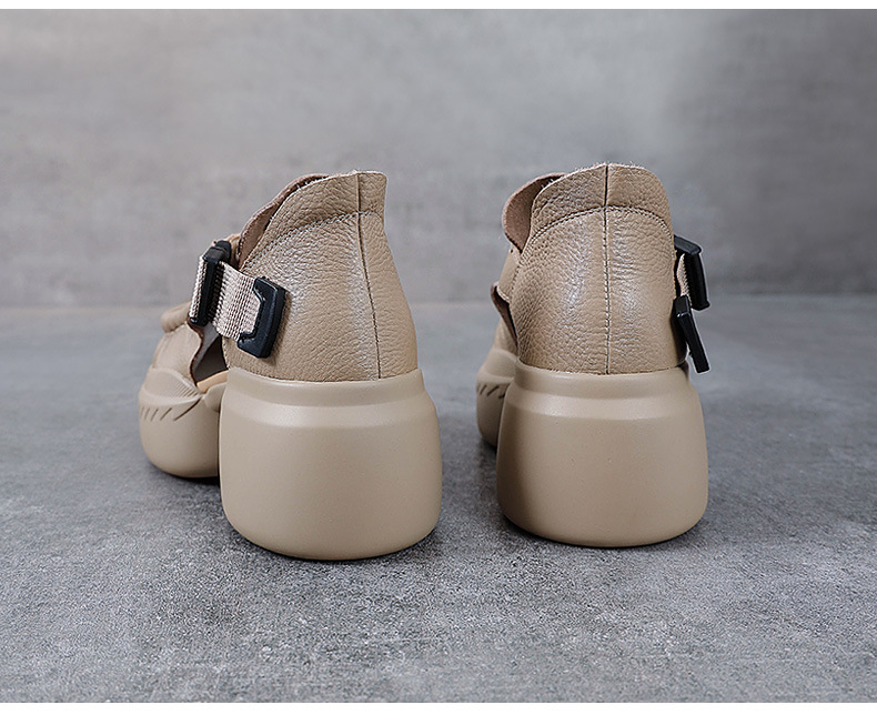 Sandal cao gót nữ quai ngang đế xốp dày da bò thật — Màu nâu chi tiết 17