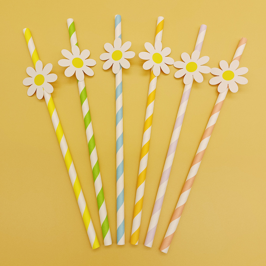 Daisy White Pink small Flower Paper Straw Tarjeta de paja desechable de decoración de fiesta transfronteriza