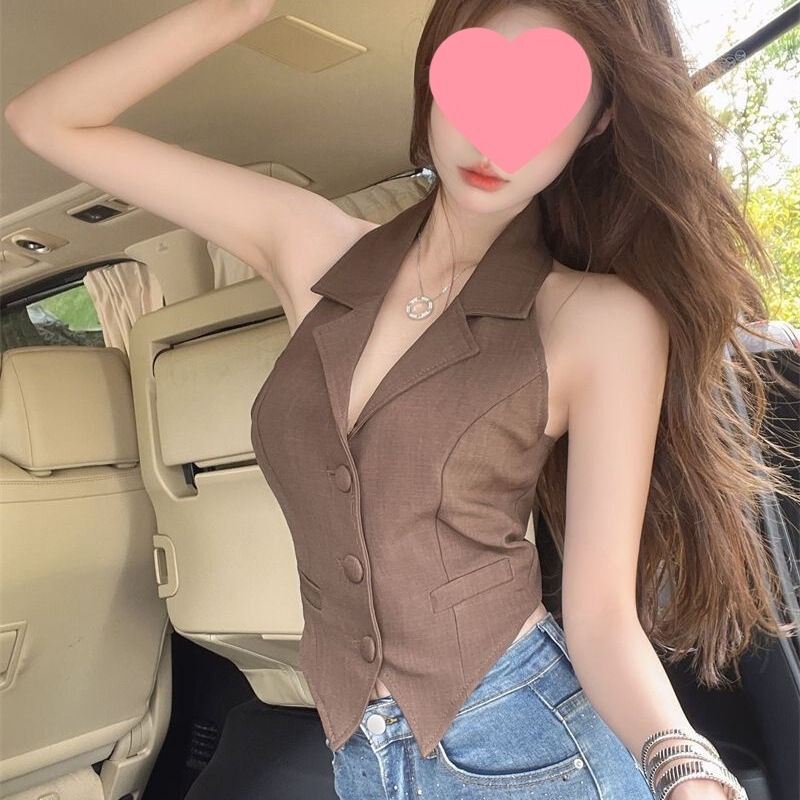 Niche Design Neck-hanging Suit Waistcoat Vest Summer Short Elegant Slim-fit Spice Girls Backless Sleeveless Top
