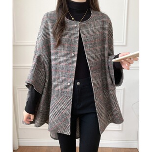 2024 autumn and winter new mid-length cardigan round neck plaid coat Cape Women's Korean-style fashion trendy coat Women's