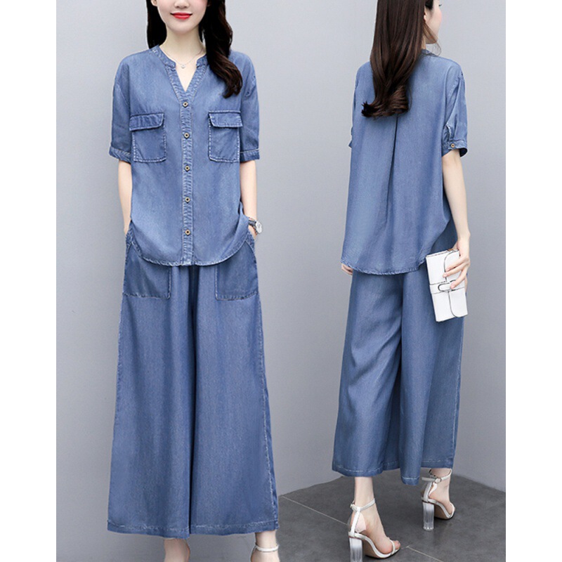 Tencel Denim Wide-Leg Pants Suit Summer Plus Size Belly-Covering Slimming Look Mom Casual Loose Western Style Age-Reducing Thin Two Pieces