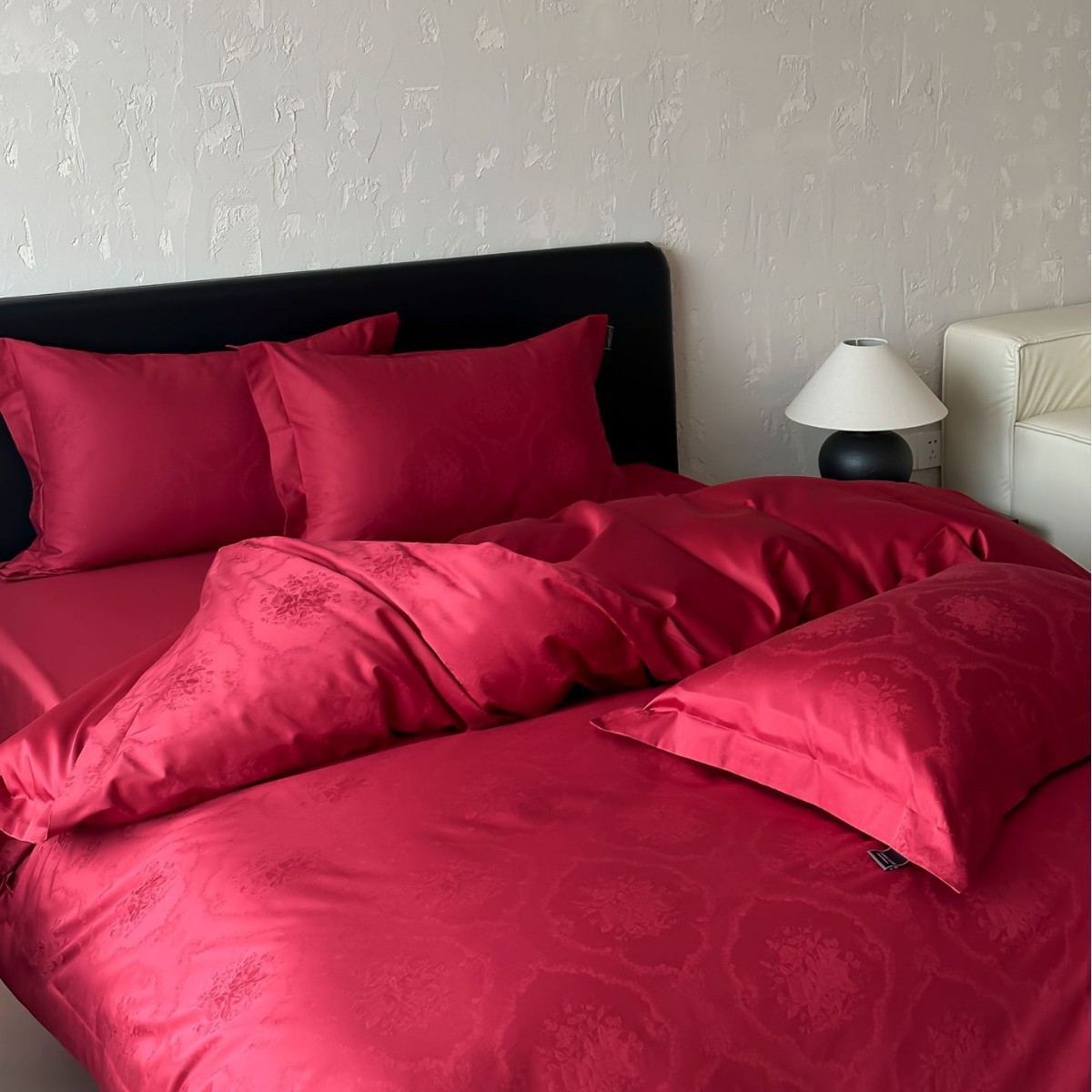 Completo da sposa a quattro pezzi 100S a fibra lunga, colore rosso, design semplice con cordoncini nascosti, confezione regalo per la dote, puro cotone._voghion.com