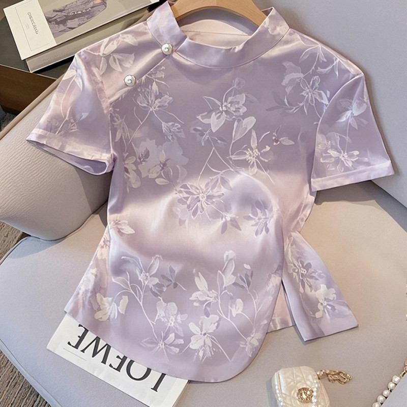 新しい中国風のハイエンド国民風スリムジャカード半袖シャツ女性用-2025夏ニッチユニークな右肩Tシャツトップ|undefined