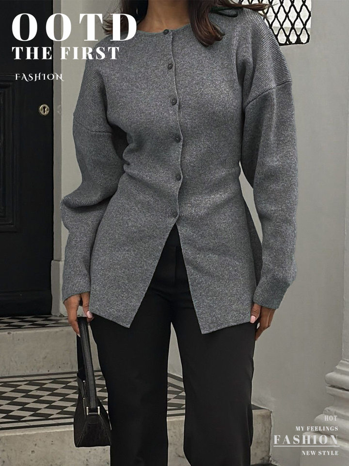 Áo cardigan dệt kim nữ dáng ôm chiết eo một hàng cúc dài tay — màu xám chi tiết 1