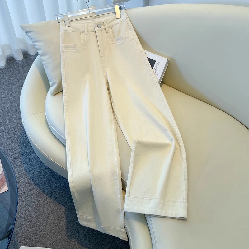 White Petite Denim Wide-Leg Pants for Women, Summer 2025 New High-Waisted Slimming Drape Cropped Light-Colored Straight Pants