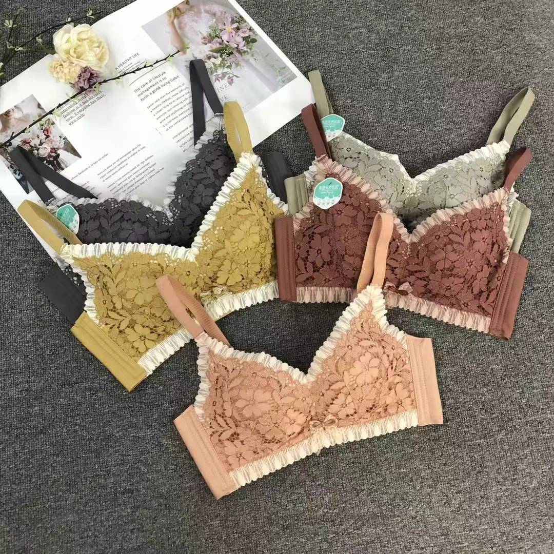 Nuevo sujetador de alta calidad de moda de encaje jacquard transpirable y cómodo ajuste lateral de pecho de tres filas de botones ropa interior para mujeres