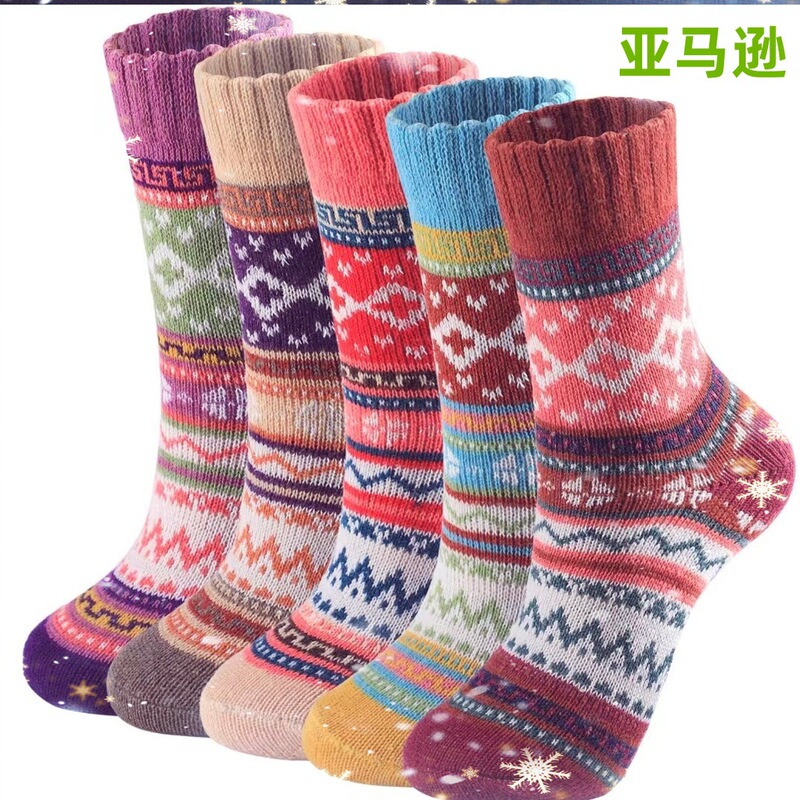 Amazon Women's Retro Cross Ethnic Style Wool Socks Warm Wool Men's Thick Knitted Socks Boots Socks