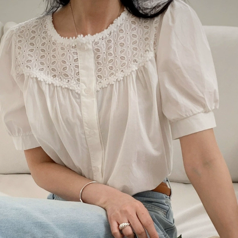 Вязаная крючком рубашка с цветочной вышивкой для женщин, корейский шикарный свободный прямой модный топ с круглым вырезом и пышными рукавами