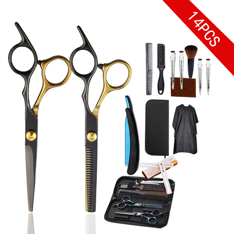 Venta al por mayor tijeras de pelo de oro Negro Azul/Negro tijeras de dientes planos de acero inoxidable de 6 pulgadas tijeras de peluquería traje (juego de 14 piezas)